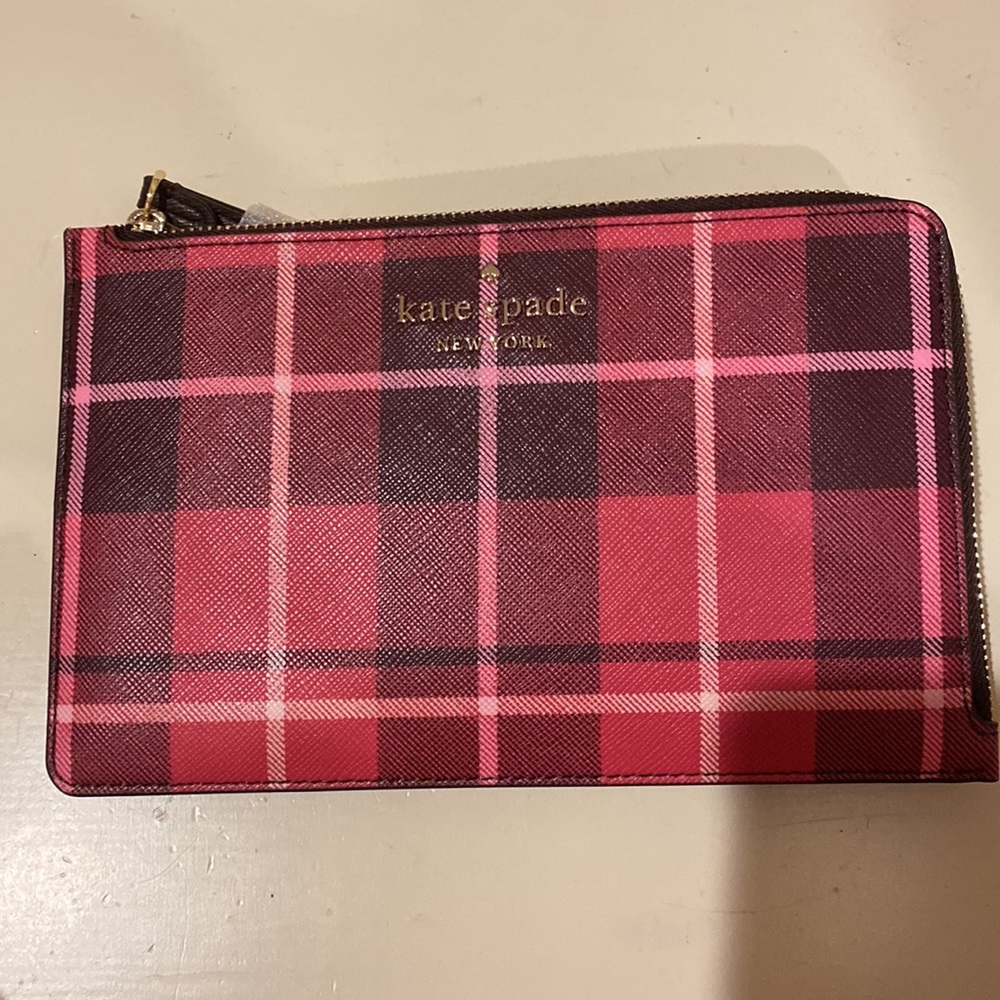 Kate Spade Staci pink plaid medium wristlet